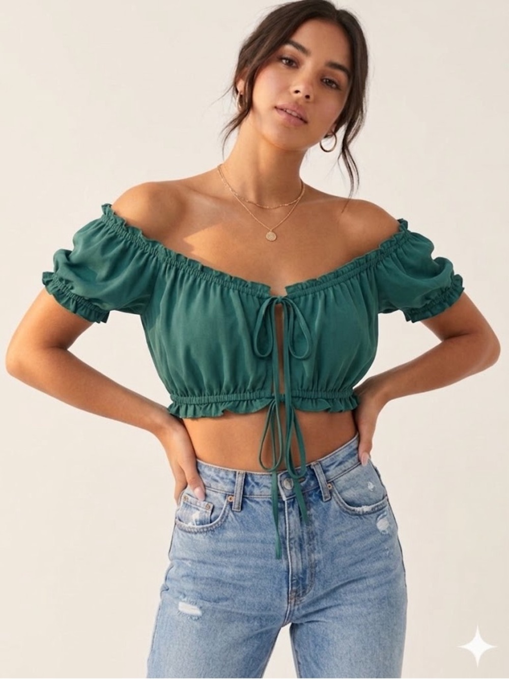 Papaya Emerald Green Off-Shoulder  Two Tie-Front Crop Top